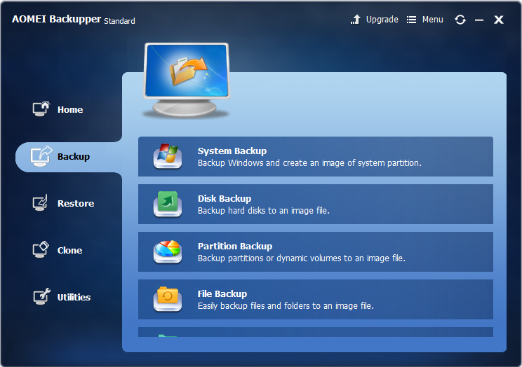 AOMEI Backupper free backup software review, interface backup options