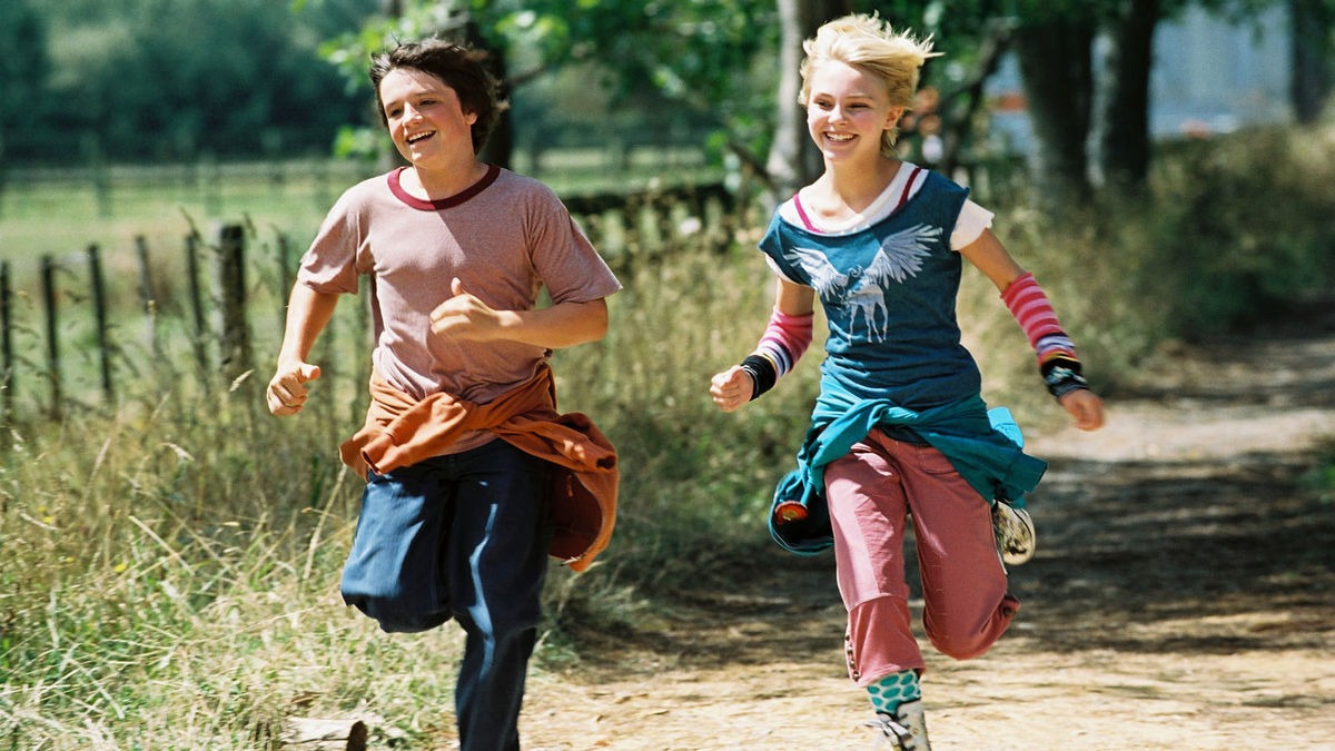 boy and female characters running happily
