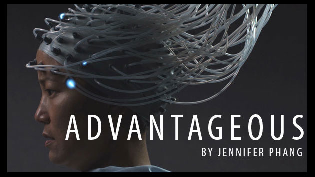 Advantageous poster showing a woman with futuristic headpiece 
