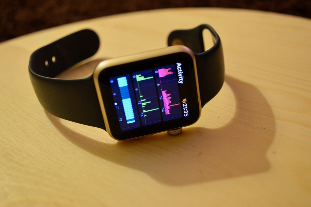 Frontview of Apple Watch with Activity Tracking Interface on a Wooden Table Side as part of Apple Watch Hacks