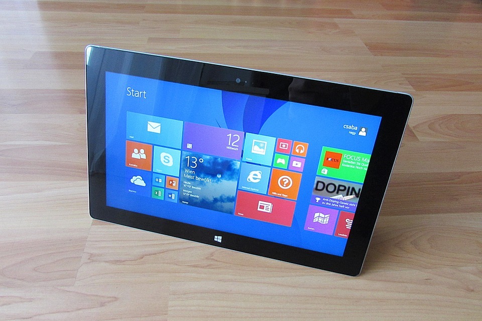 windows 8 tablet sitting up on a table