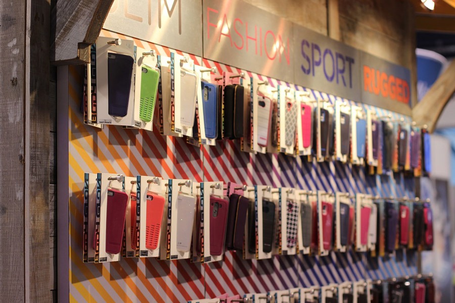 Different kinds of phone cases in displayed in the store