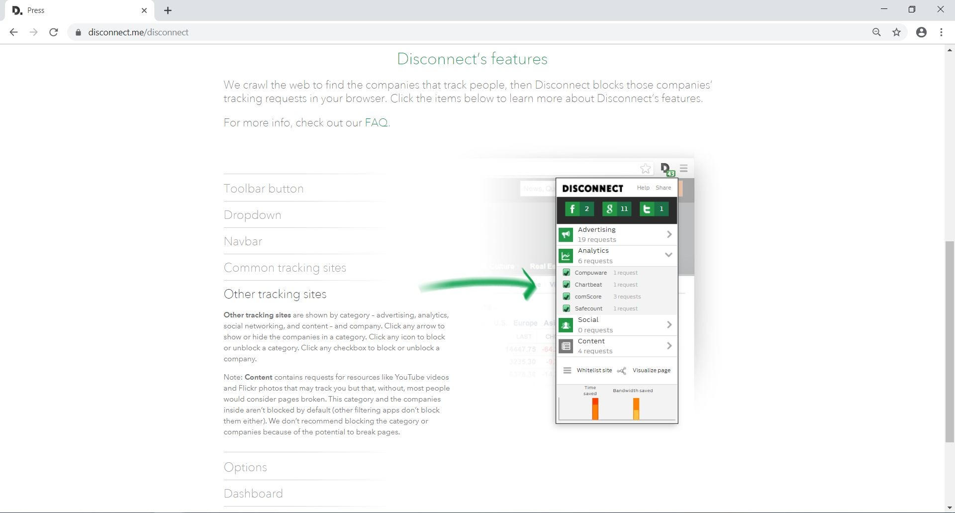 other tracking site feature of Disconnect VPN